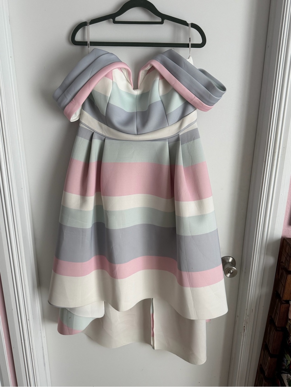 ASOS Pastel Stripe Off-Shoulder High-Low Dress in Pink, Gray, Mint, Cream